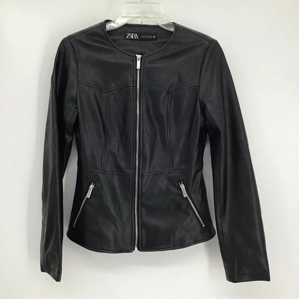 ZARA Faux Leather Moto Biker Collarless Jacket Edgy Career Black Size Small - Picture 3 of 10